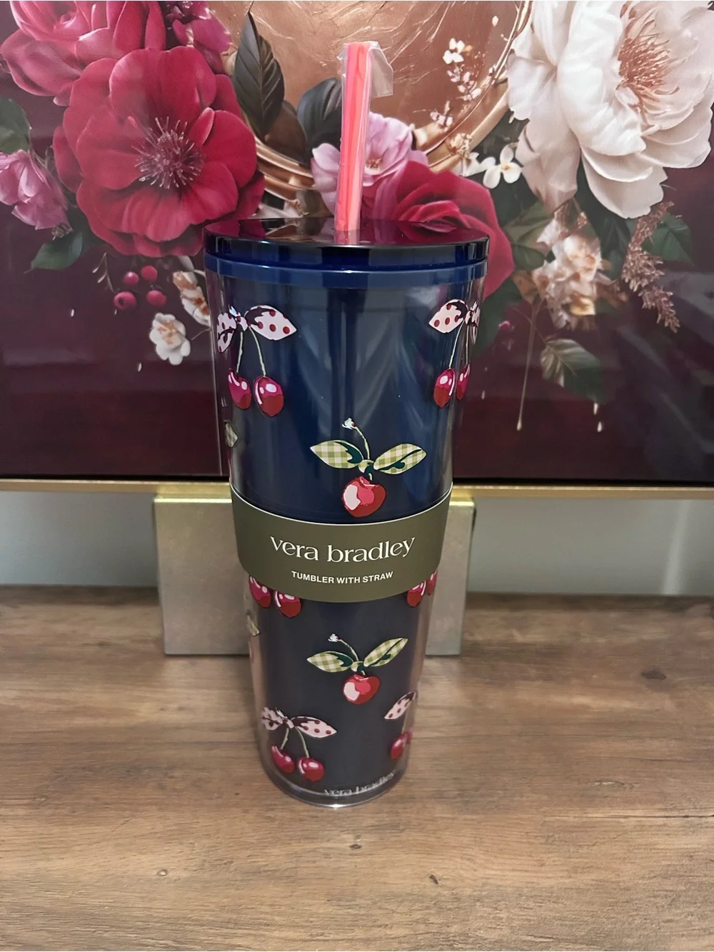 Vera Bradley Cherry Picking Print Navy Travel Tumbler with Straw